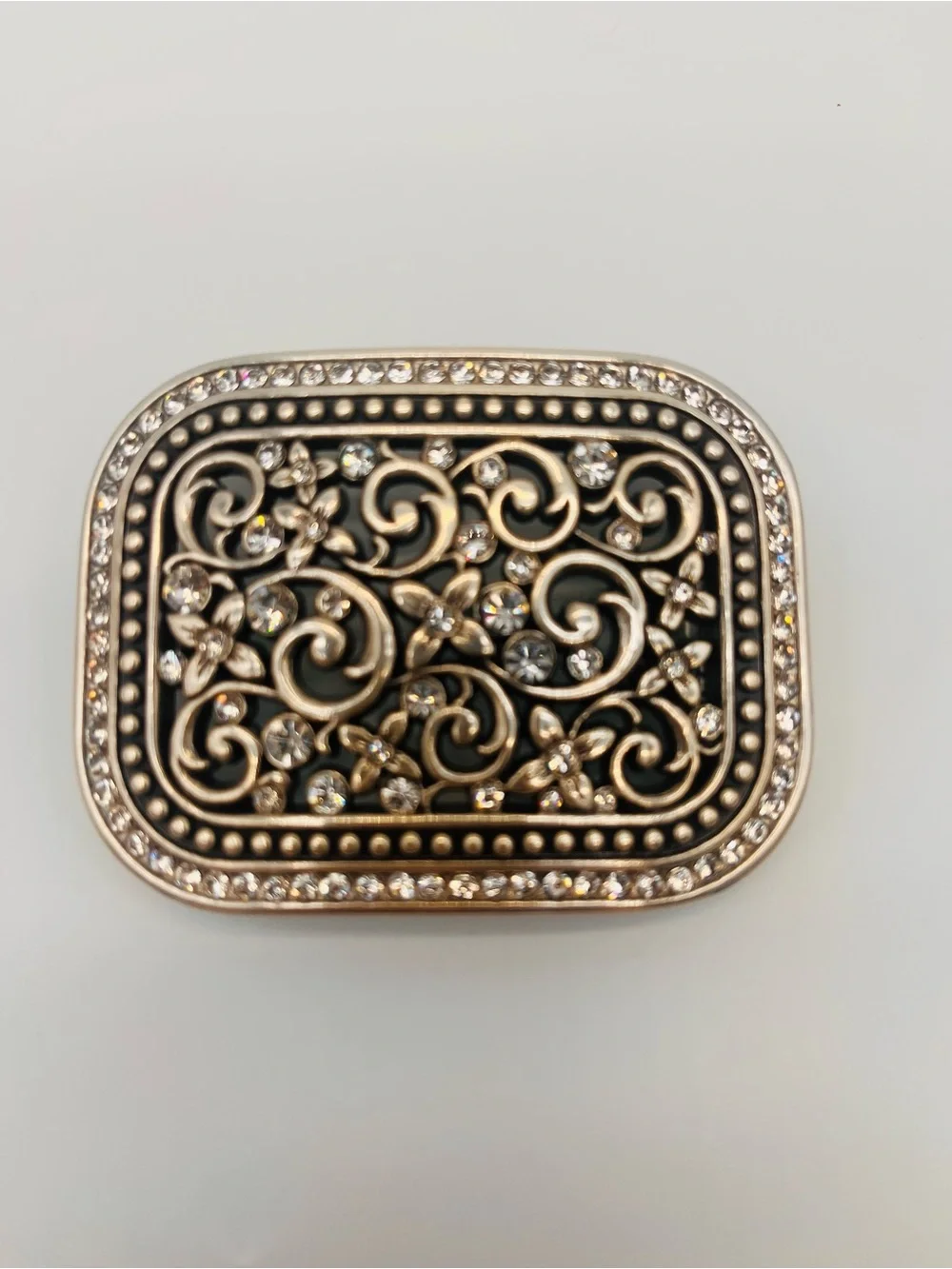 Crystal Scrollwork Decorative Belt Buckle - Silver Fits 2” Belt